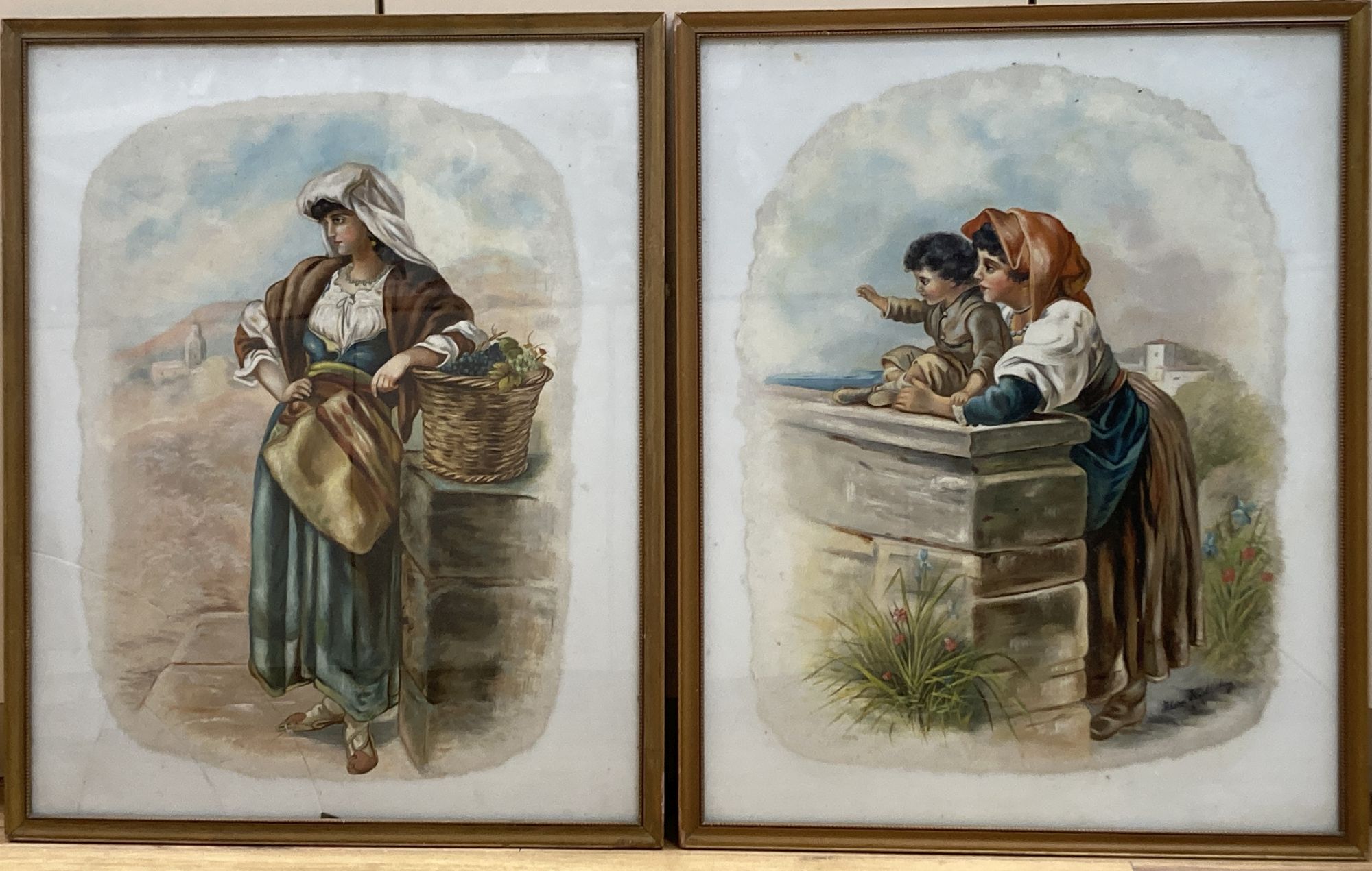 Flora Holliday (C19th), pair of oils on opaque glass panels, Italian peasant women, one signed and dated 1892, 60 x 48cm (a.f.)